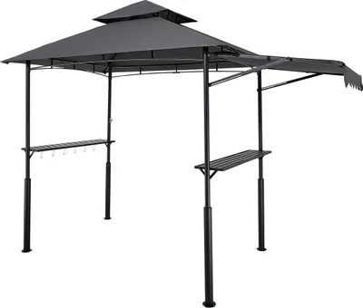Produktbild von Grill-Pavillon, 2,43 x 1,5 m, doppelstöckiges Dach, Grill-Pavillon mit zusätzlicher Markise, pulverbeschichteter Stahl-Terrassengrillüberdachung mit 2 Seitenablagen, Flaschenöffner und Haken, Grillüberdachung für den Außenbereich im Garten