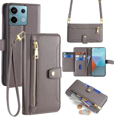 Produktbild von Handykette Xiaomi Hülle mit Band Handyhülle Kartenfächer Kunstleder Umhängetasche Redmi Note 13 Pro 5G Grau