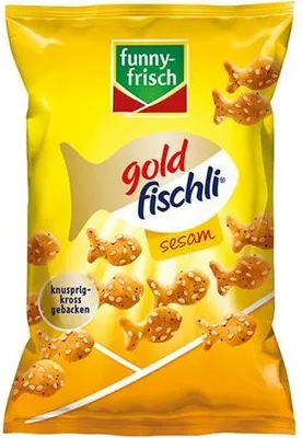A bag of funny Frisch Goldfischli sesame crackers.