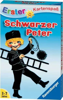 The image shows the front of a game box for 'Schwarzer Peter' (Black Peter), a card game. A cartoon chimney sweep is depicted on the box.