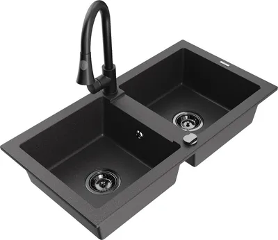 Produktbild von Mexen Mario 2-Becken-Granitspüle mit Mischbatterie Elia, Schwarz gesprenkelt - 6504-76-670101-70-B