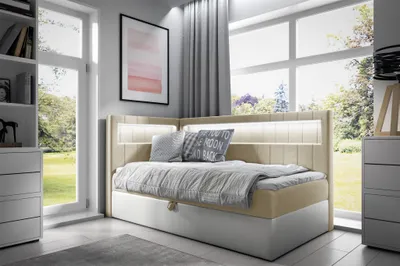 Produktbild von Boxspringbett Gästebett Kinderbett FABIAN Nr.3 80x200cm Weiss-Beige Seite Links