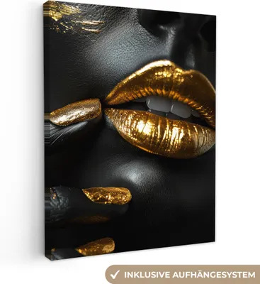 Zdjęcie produktu dla MuchoWow® - Obraz na płótnie - Lips - Gold - Abstract - Black - Woman, fototapeta, dekoracja ścienna, obrazy do salonu, 60x80cm