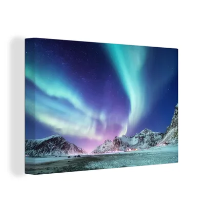 Produktbild von OneMillionCanvasses® - Leinwandbilder - 150x100 cm, Nordlichter - Schnee - Berg - Norwegen, Wandbilder Kunstdruck Wanddekoration