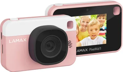 A pink and white LAMAX PixelKid1 digital camera is shown from a slightly angled front view, with a screen displaying four smiling children.