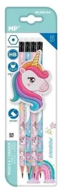 Produktbild von Sechseckiger Bleistift HB mit Radiergummi Einhorn 4 Stück
