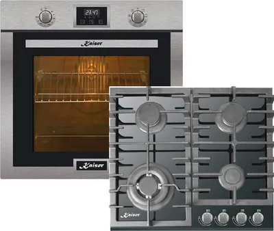 A stainless steel oven and a black gas cooktop are shown side-by-side against a white background.