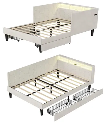 Produktbild von Kinderbett - Polsterbett - Mit Stauraum - Samtbezug - 140x200 cm - Holzgestell & Metallrahmen - Beige
