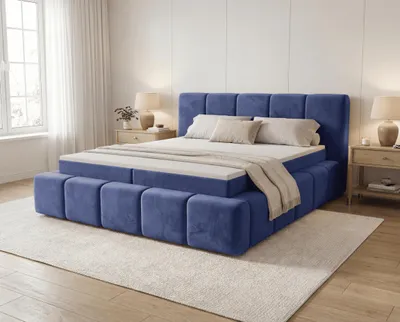 Obrázok produktu pre Postel s pružinovou základňou 140x200 cm Calisto - matrac H3, vrchná matrace, zásuvka pod posteľ - poťah z velúru, tmavomodrá farba, Obrázok generovaný UI