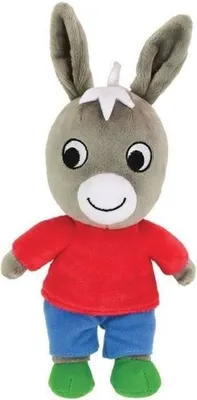 A plush toy donkey standing against a white background.
