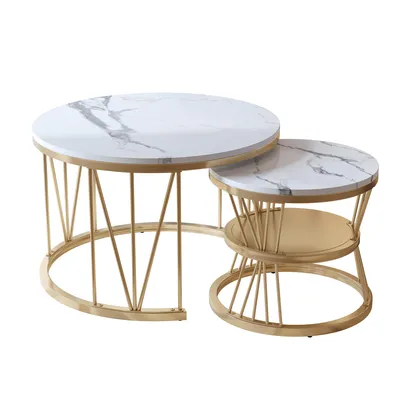Produktbild von INONEFT Runder Couchtisch, 2er-Set, Wohnzimmertisch mit Stauraum, Marmoroptik und Metallgestell, Beistelltisch für Wohnzimmer, Balkon, Weiß+Gold
