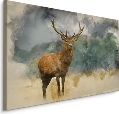 Produktbild von Fabelhafte Canvas LEINWAND BILDER 120x80 cm XXL Kunstdruck Hirsch Wiese Natur Gemalt