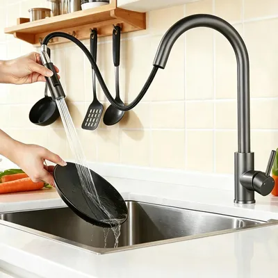 Produktbild von AICA Hochdruck Küchenarmatur | ausziehbar mit Brause | 2 Strahlarten | 360° drehbar Spültischarmatur Edelstahl Einhebelmischer Gunmetal Grey