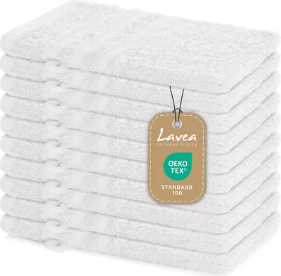 Produktbild von Lavea® 10er Set Waschhandschuh 15x21 cm – Saugstark Weich aus 100% Baumwolle, Frottierserie Elena – Waschbar und Strapazierfähig – Weiß