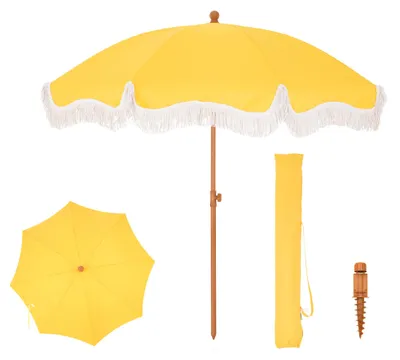 Produktbild von Balkon-Sonnenschirm, Sonnenschutz, 200 cm, faltbar, rund mit Fransen, Boho-Strand-Sonnenschirm, Garten-Sonnenschirm, windfest, Balkon-Sonnenschirm mit Erdspieß für Terrasse, UPF 50+, Gold