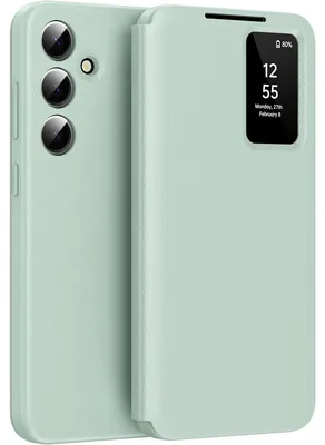 Obrázek produktu pro Kožené flipové pouzdro pro Samsung Galaxy S23 FE, obal s funkcí Smart View okna a přihrádkou na karty Zelený