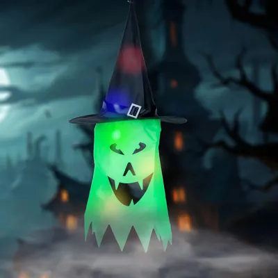Produktbild von Halloween-LED-Dekoration – Geist – grün – 10 farbige LEDs – zum Aufhängen – 2 x 2032 Batterien – 75 x 35 cm