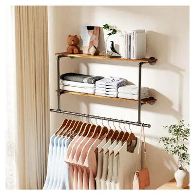 Produktbild von Wandgarderobe mit 2 Ablagen im Industriestil, Kleiderstange für Schlafzimmer und Wohnzimmer, schwarz