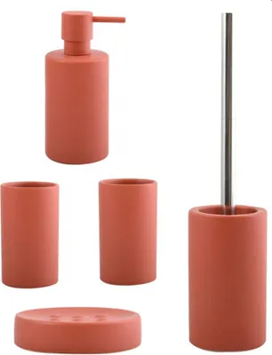 Produktbild von spirella Badezimmer Set, 5-teiliges Badzubehör aus Keramik Tube, Seifenspender, WC Bürste, Seifenschale und 2x Zahnputzbecher Rot matt