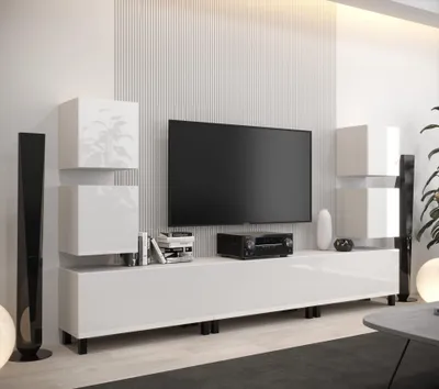 Produktbild von Furnitech Wohnwand Wohnzimmer - Wohnzimmer Möbel mit LED Weiß - Hängend Wohnwand Modern - Wohnzimmer Schrankwand mit Regale und TV Schrank (AN107-21W-HG2)