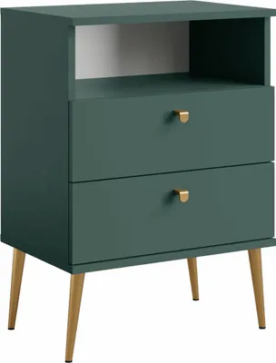 A green nightstand with gold legs and drawer pulls, shown against a white background.