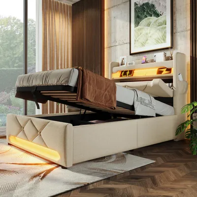 Produktbild von Polsterbett 90x200 cm Beige Einzelbett mit hydraulischem Stauraum, Kopfteil, USB Typ-C, LED-Beleuchtung und EVA-Geräuschschutz, Ohne Matratze