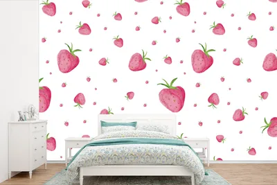 Produktbild von MuchoWow® Fototapete für Wohnzimmer oder Schlafzimmer Wandtapete Vinyl Motivtapete Erdbeere - Obst - Weiß - 450x300 cm - Gemusterte
