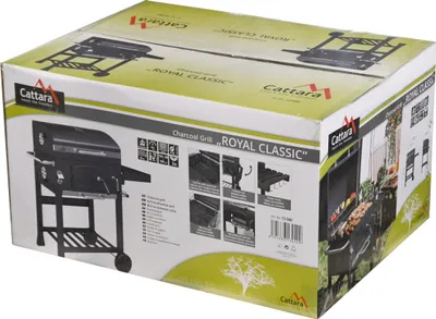 A cardboard box containing a charcoal grill.