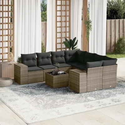 Produktbild von Design 9-tlg. Garten-Sofagarnitur mit Kissen Grau Poly Rattan, Gartenmöbel-Sets 2024 Neu