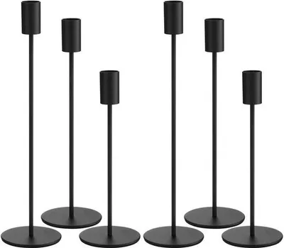 Produktbild von Ibenzoa® 6‑teiliges Set schwarze Metall-Kerzenhalter – elegante Stabkerzenständer in 3 Höhen (33/28/23 cm), je 2 Stück, für Stabkerzen Ø 2,2 cm, Sockel Ø 8 cm
