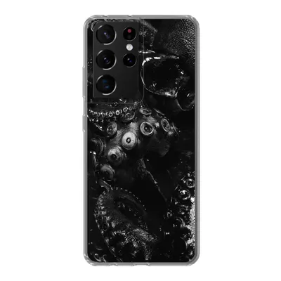 Produktbild von MuchoWow® Handyhülle Schutzhülle Hülle für Samsung Galaxy S21 Ultra Nahaufnahme Oktopus auf schwarzem Hintergrund in schwarz und weiß Silikon Softcase Handy Hülle - Mobiltelefon
