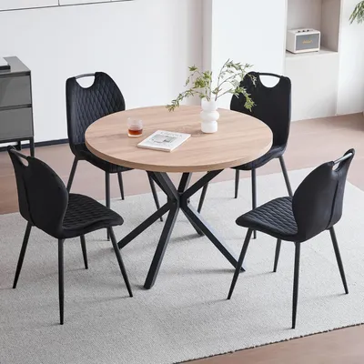 Produktbild von Esszimmer-Set Runder Esstisch 100 cm mit 4 Leinenstühlen Helle Holzmaserung + Schwarz