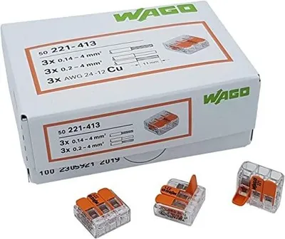 Zdjęcie produktu dla Złączki instalacyjne 3 przewodowe 4MM² wago 221 413 zestaw 100 szt.