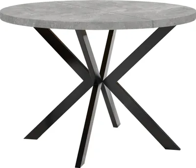 A round dining table with a gray concrete-look top and a black metal base.