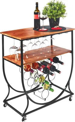A wine cart with bottles and glasses on it, set against a white background.