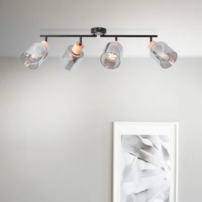 Obrázek produktu pro BRILLIANT WEALD Bodové svítidlo 4flg černá/kouřová/dřevo | Stropní bodové svítidlo s kouřovými stínítky | 4 x E27 max. 40 W | Kov/sklo/dřevo