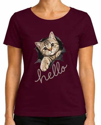 Imagen del producto de Camiseta para mujer con estampado "Hola, gatito lindo", diseño sarcástico, color burdeos, talla M