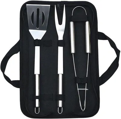 Image de Set de barbecue en acier inoxydable, 3 pièces, avec sac de rangement, pince et pelle