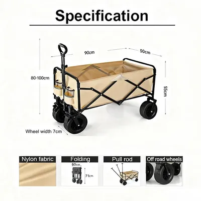 Produktbild von Faltbarer Gartenwagen - Handwagen mit 4 Rädern - Tragkraft 80–150 kg - 20 cm Räder - Khaki