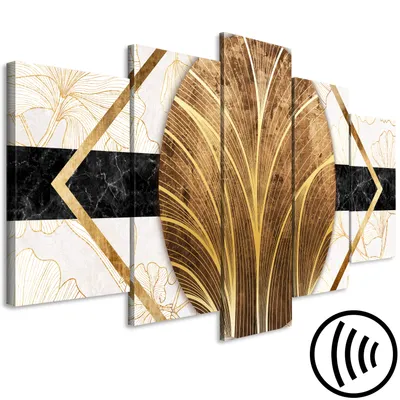 Image de Tableau acoustique Abstrait 200 x 100 cm Tableaux Mousse acoustique Absorbeur acoustique haute performance Isolation acoustique Toile 5 pièces Tableau mural Acoustique intérieure Isolation acoustique Fleurs Lys Feuille dorée noire b-A-0761-b-m