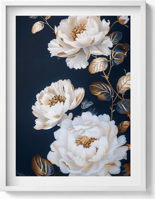 Produktbild von Schöne weiße Blumen im Glamour-Stil– Wandbild mit Rahmen – Gerahmtes Bild  – Wanddekoration – 60x80 cm –  Weiß Rahmen