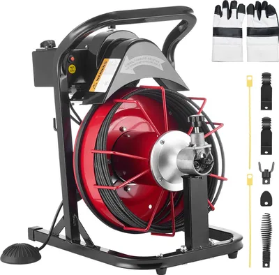 Image de Machine de débouchage - Déboucheur - Spirale Ø 8 mm x 15 m - Alimentation automatique - Quatre têtes de coupe -au pied pneumatique - Pour tuyaux de 50 à 100 mm