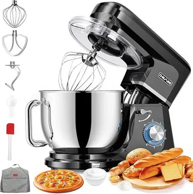 Productafbeelding van Keukenmachine, 2000W. Krachtige kneedmachine met kneden- en mengfunctie. 6 snelheden. Stilstaande deegkneedmachine. 8 liter roestvrijstalen kom. Inclusief knedigarmen en garde. Met spatbescherming