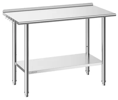 Obrázok produktu pre Pracovný stôl VEVOR Gasto 1219 x 610 x 894 mm, nerezový stôl s 2 úrovňami, okrajom a výškovo nastaviteľnými policami Horná polica (245 kg) Spodná polica (204 kg) Prípravný stôl pre reštaurácie