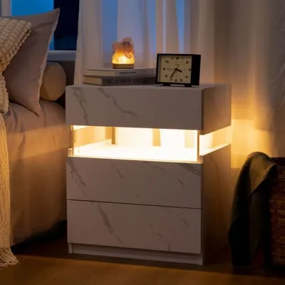 Produktbild von LED-Nachttische, Kommode mit 3 Schubladen für Schlafzimmer, Beistelltisch mit Acrylplatte, LED-Nachttische für Schlafzimmer, Wohnzimmer, Nachttischmöbel