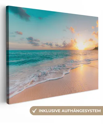 Produktbild von MuchoWow® - Leinwandbilder - Sonnenuntergang - Strand - Meer - Sommer - Blau, Wandbild, Wanddeko Bilder Wohnzimmer, 80x60cm