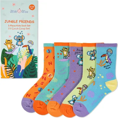 Image de Milk&Moo Jungle Friends Pack de 5 chaussettes pour enfants, taille 27-30, Doux & Durable, Design coloré, Lavable en machine, Parfait pour les 5-7 ans