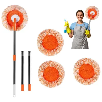 Produktbild von OKWISH 360 Grad drehbares Wischmopp-Set mit 3 abnehmbaren Stangen und 3 austauschbaren Moppköpfen, verstellbare runde Mikrofaser-Staubmopps