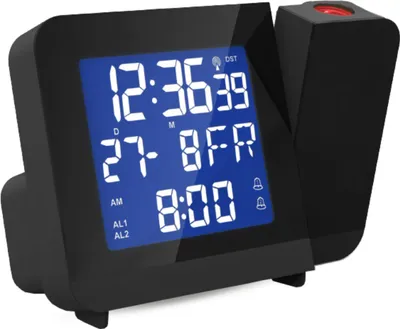Produktbild von Funk-Projektionswecker Schwarz mit DCF77, 2 Alarmen & Temperaturanzeige – drehbare Projektion 90°-360°, Snooze, 2 Zeitzonen