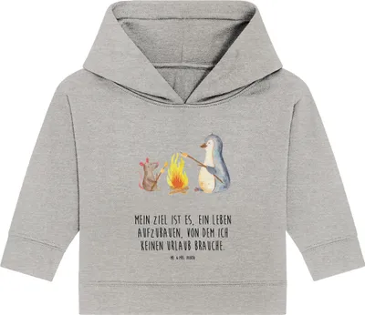 Produktbild von Mr. & Mrs. Panda Organic Baby Hoodie Pinguin Lagerfeuer 12. - 18. Monat - Heather Grey - Geschenk, Job, Marshmallows, Feuer, Arbeit, Maus, Kapuzenshirt, Kapuzensweatshirt
